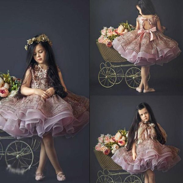 

girl's dresses cute short flower girl for wedding lace 3d floral appliqued birthday wear first communion dress glitter luxury girls pag, Red;yellow