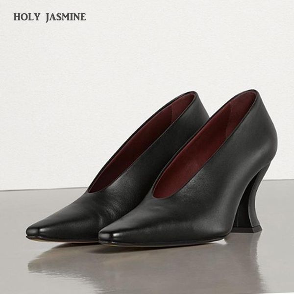 

dress shoes 2021 summer design square heel pumps genuine leather pointed toe comfortable handmade shallow women, Black