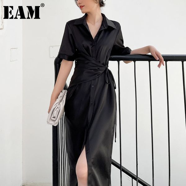 

[eam] women black irregular sashes silky temperament long dress lapel short sleeve loose fit fashion summer 1dd7616 21512, Black;gray