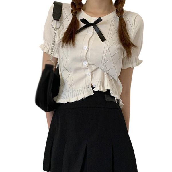 

women's t-shirt summer korean style fashion comfortable sweet hollow short short-sleeved knitted top, White