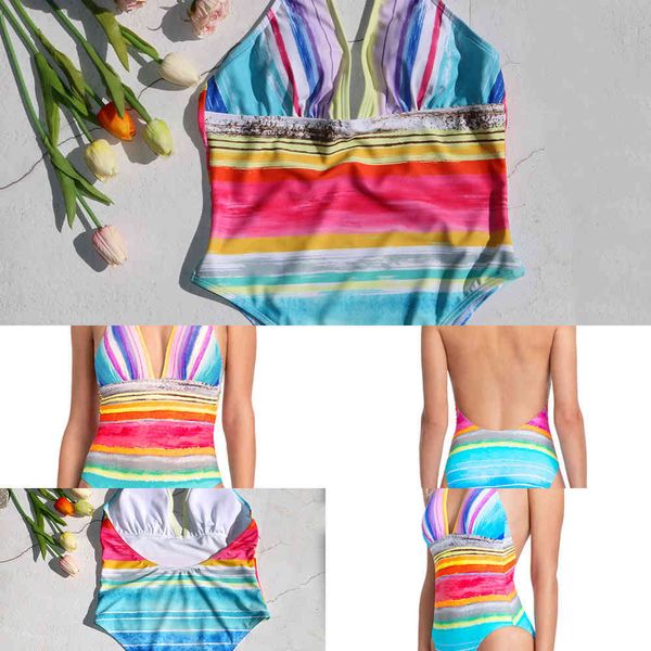 

deep and new v neck in rainbow 2021 open back one-piece women's swimsuit soft bag with high waist2021, White;black