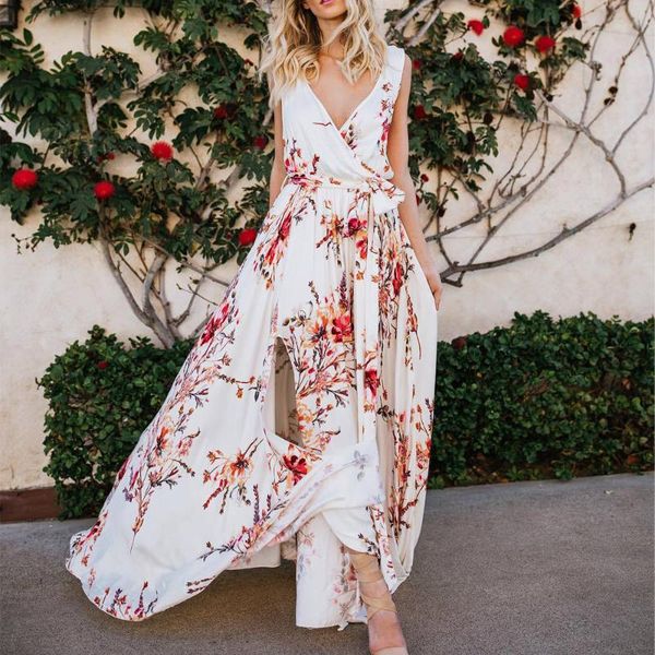 

casual dresses women long maxi dress deep v neck floral print split beach 2021 sleeveless boho with belt, Black;gray