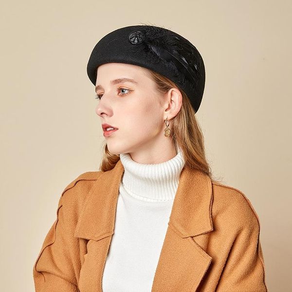 

beanies european autumn winter feather decoration wool hat cap british retro felt beret female elegant stewardess