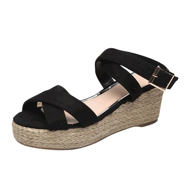 

flock sandals ladies elegant buckle strap wedge shoes summer thick bpottom for feminina, Black