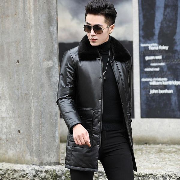 

men's leather & faux jacket men cow duck down winter coat real collar genuine mens sy56n yy912, Black
