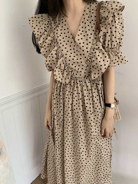 

mozuleva korean trendy elegant vintage dot printed wave falbala v-neck chiffon dress summer 210706, Black;gray