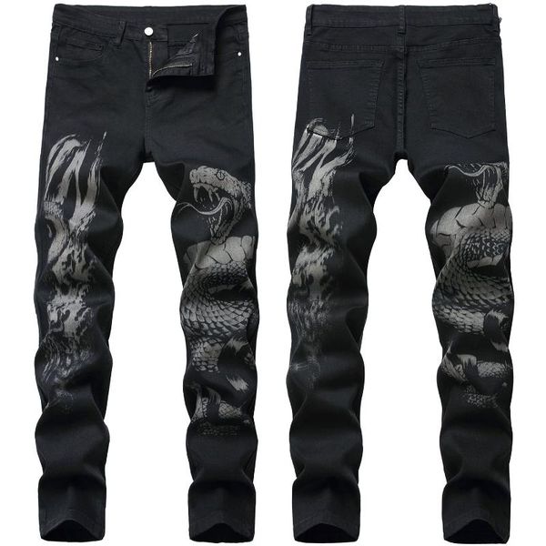 Jeans masculinos chegam slim trecho preto de alta qualidade serpente impressão rua calças de moda luz luxo sexy casual homens;