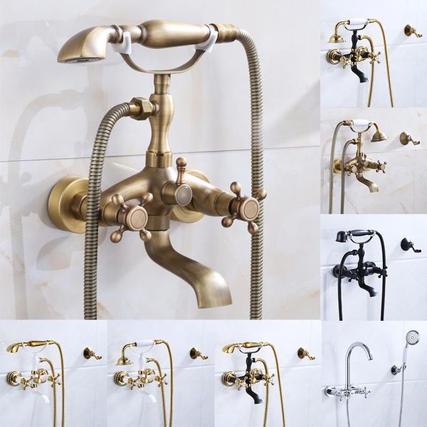 

bathroom bathtub shower faucet set wall mounted brass antique bronze gold /black double handle sets