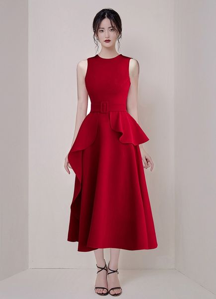 

runway designer midi party dress summer women sleeveless ruffles ball gown dress elegant red belt o neck dress 210514, Black;gray