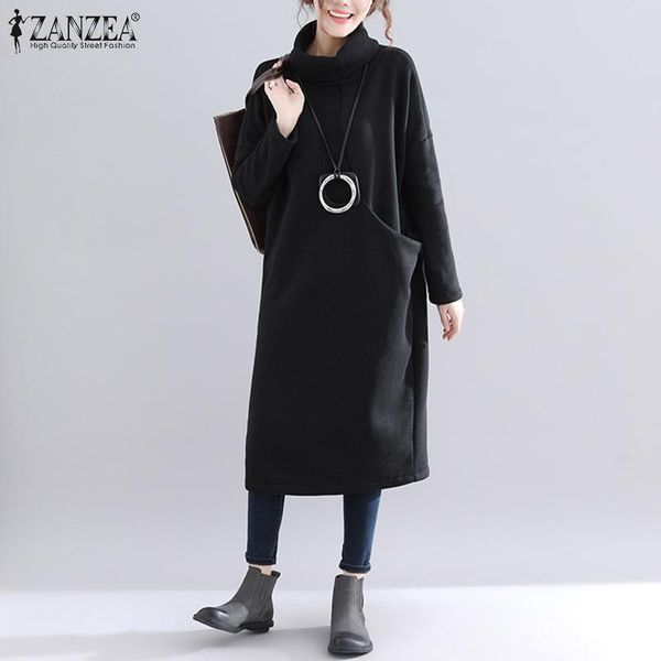 

casual dresses womens autumn winter sweatshirt dress turtleneck mid calf kaftan female soft robe 5xl zanzea solid side pockets vestidos, Black;gray