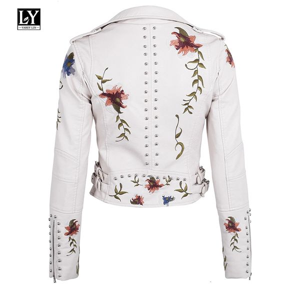 

ly varey lin soft women embroidery floral faux leather jacket pu motorcycle epaulet zipper punk outerwear 201124, Black
