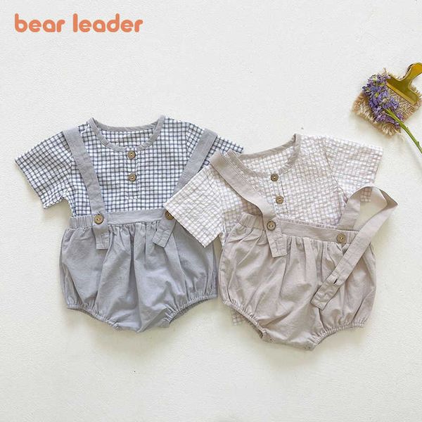 Bear líder bebê meninos meninas verão roupas moda aniversário ternos nascido xadrez shirt calças de suspender crianças menino infantil conjuntos 210708