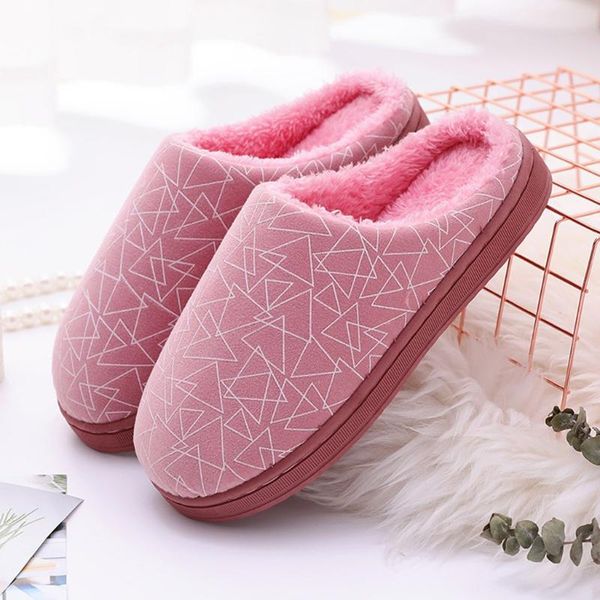 

slippers couples geometric flock soft plush warm non-slip floor home indoor cotton comfortable simple shoes d3, Black