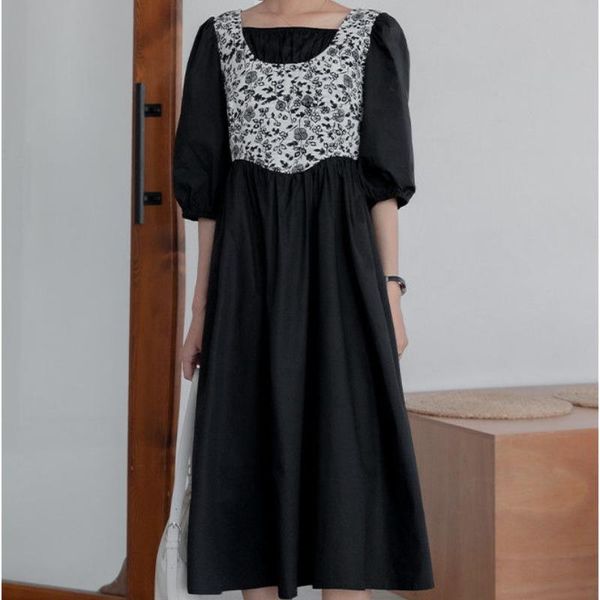

party dresses houzhou floral patchwork dress women summer 2021 square collar puff sleeve casual loose midi holiday streetwear robe, White;black