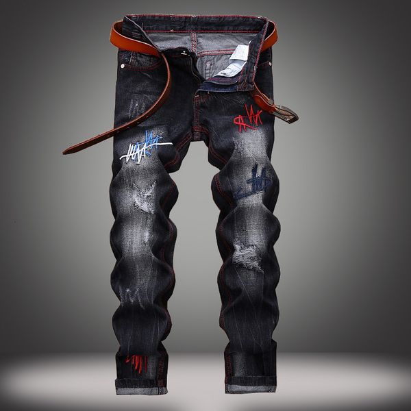 

jeans men's straight with holes, Blue