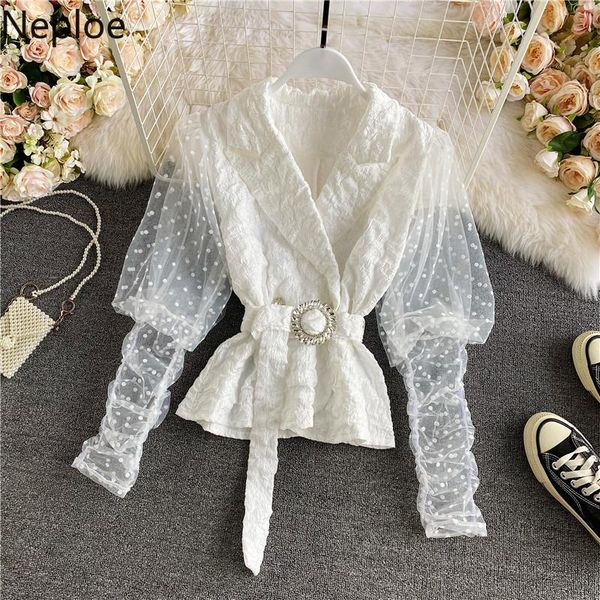 

neploe 2021 korean shirts women temperament notched collar blusas patchwork gauze puff sleeve blouses chic short female women's &, White