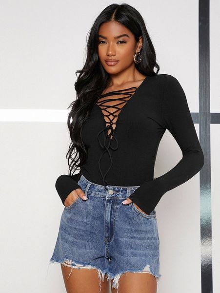 

lace up rib-knit tee v5pe#, White