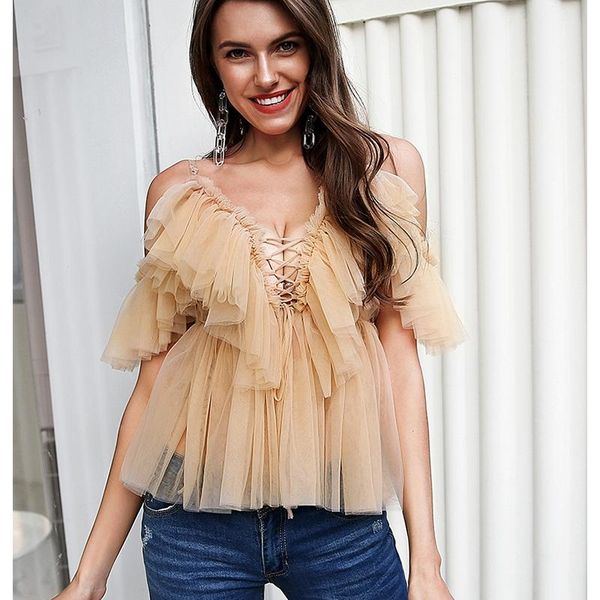 

women's blouses & shirts fanco v-neck strap boho mesh blouse shirt women ruffle short sleeve elegant peplum summer lace up ladies sexy, White