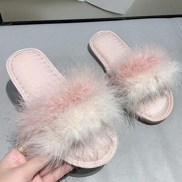 

women fur slippers furry fluffy home flat three-color stitching floor outdoor comfortable casual sandals, Black