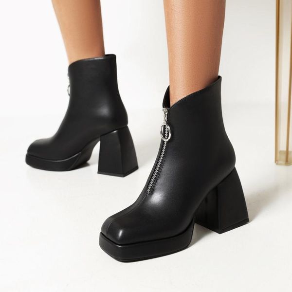 

boots fashion platform women front zipper ankle pu leather chunky high heel punk autumn winter woman shoes black