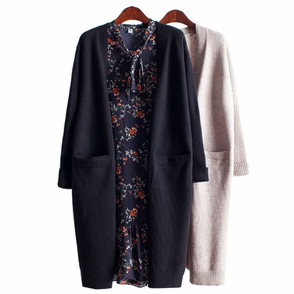 

women's knits & tees autumn winter long cardigan women sleeve open stitch vintage sweater loose warm pocket knitted outwears f367, White