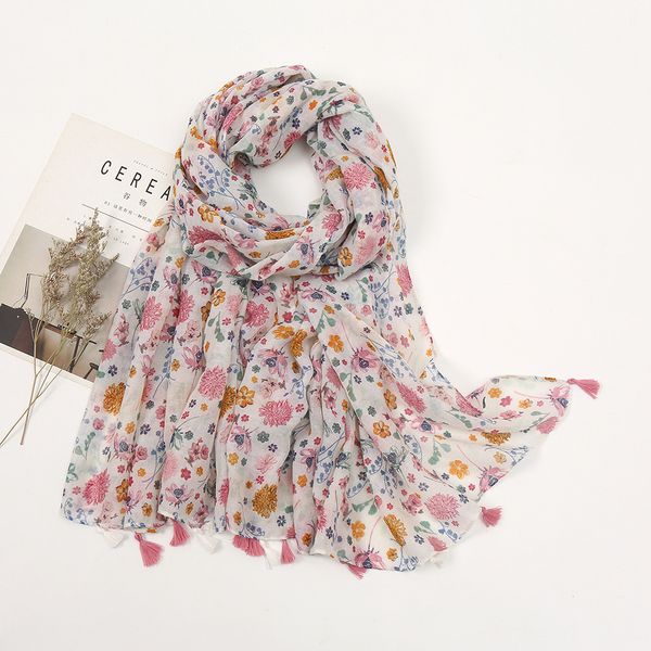 

autumn and winter womens scarf foreign trade pink flower printing cotton linen feel shawls travel sun protection no. 4, Blue;gray