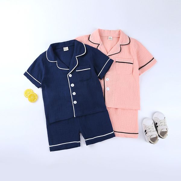 

summer kids cotton linen pajamas set solid nightwear short sleeved shorts sleepwear home clothes two-piece suit, Blue;red