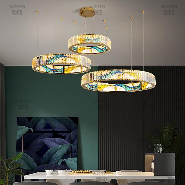 

pendant lamps chinese style villa crystal enamel color living room dining light luxury creative multi-circle chandelier