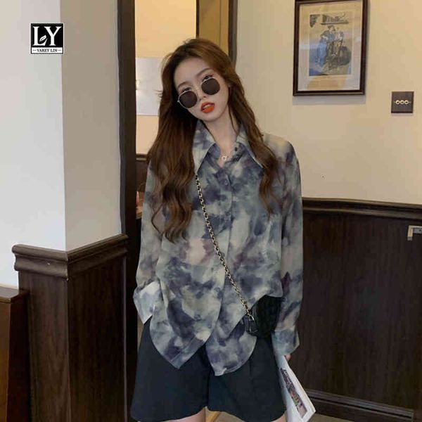 

shorts spring autumn women vintage oversized chiffon shirt tie dyed gradient color thin long sleeve collar blouse, White;black