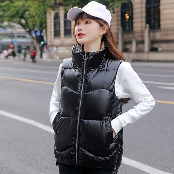 

women's vests 2021 autumn winter women black vest warm cotton padded sleeveless jacket casual stand collar zipper short waistcoat, Black;white
