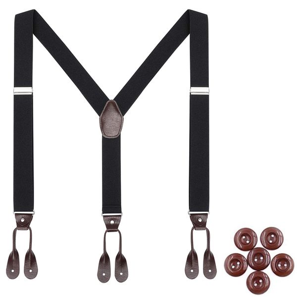

mens fashion leather suspenders black 35cm wide y back button end adjustable elastic trouser braces strap belt father dad gift, Black;white