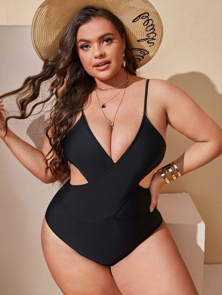 

plus solid cut-out one piece swimsuit j10m#, Black