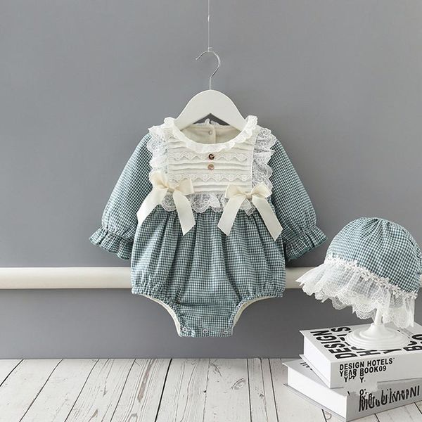 

rompers autumn winter born baby girls clothes bodysuit long sleeve cotton plaid birthday party jumpsuit +hat 2pcs outfits sets, Blue