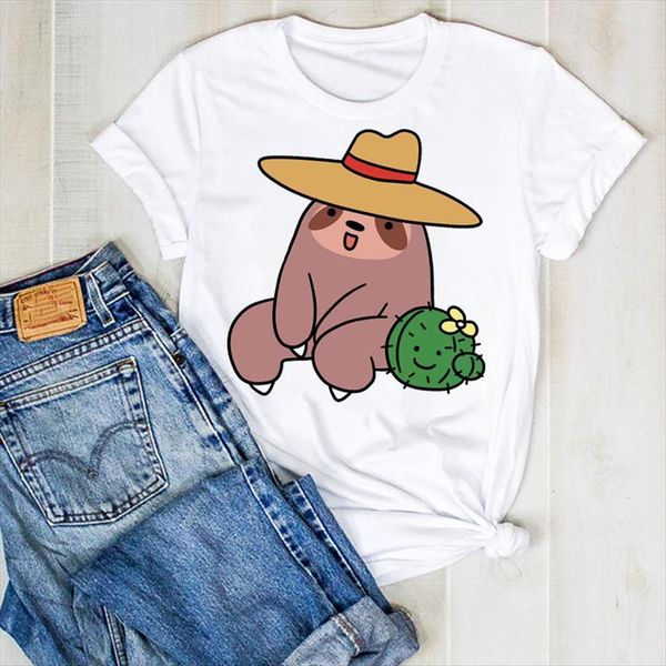 

summer sloth cactus cartoon print womens t shirt tee clothes graphic clothing, White