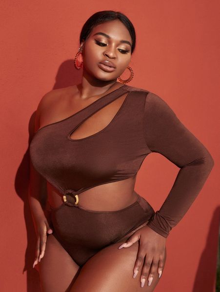 

sxy plus one shoulder o-ring detail bodysuit 97xq#, Black