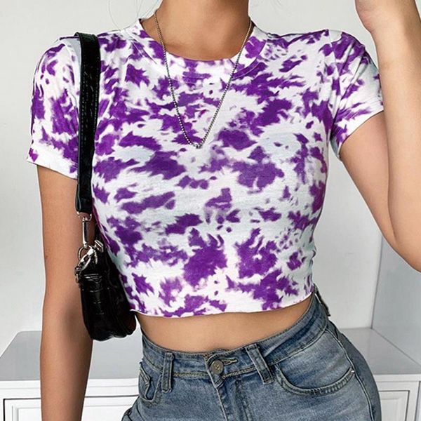 

women's t-shirt summer fashion short-sleeved tie-dye slim-fit round neck s size, White