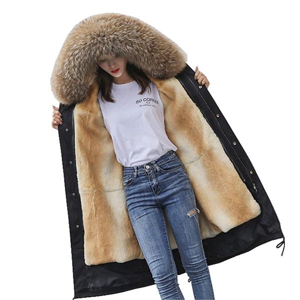 

women's fur & faux luxury winter coat parkas real raccoon hoody and lining women x-long outerwear warm coats lf9110, Black