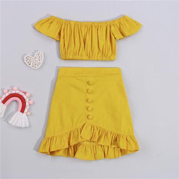 

clothing sets 2 pcs infant solid color outfits, baby girls off shoulder short sleeve crop + ruffle button skirt summer casual set, White