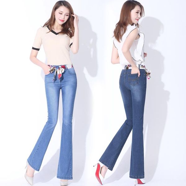

women's jeans spring autumn high-waisted female large code horn trousers was thin wide leg pants straight flared skinny, Blue