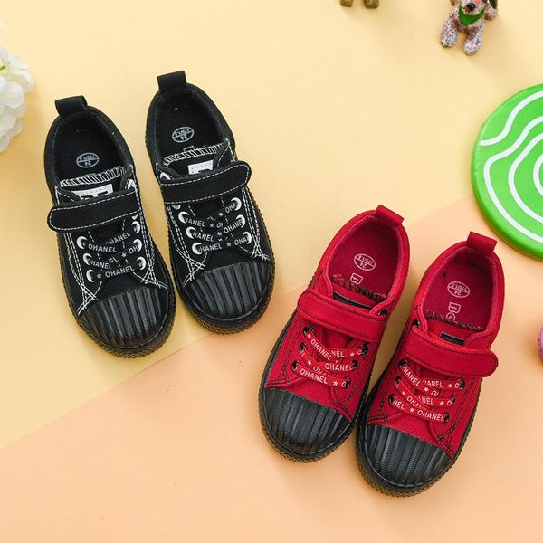 

sneakers boys/girls canvas shoes four seasons children's non-slip soles comfortable wear hook and loop breathable casual, Black;red