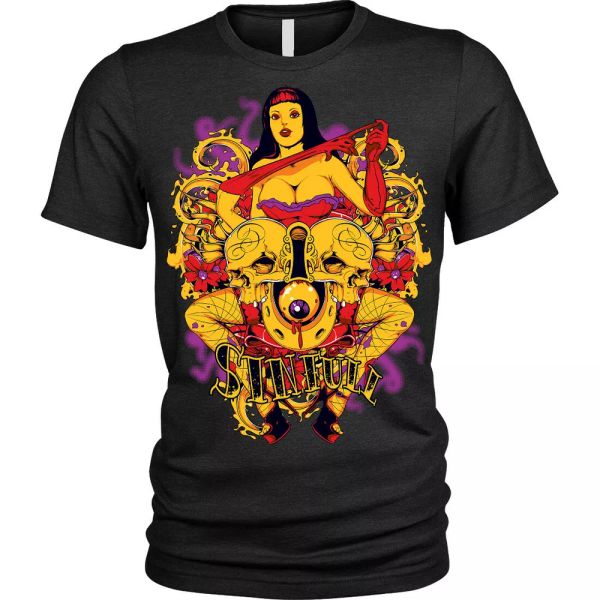 

sinful rockabilly tattoo pinup shirt skull biker who man, White;black