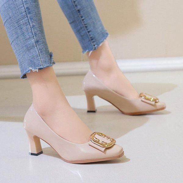 

dress shoes woman metal decoration shallow pumps patent leather chunky high heels women's square toe fashion female office, Black