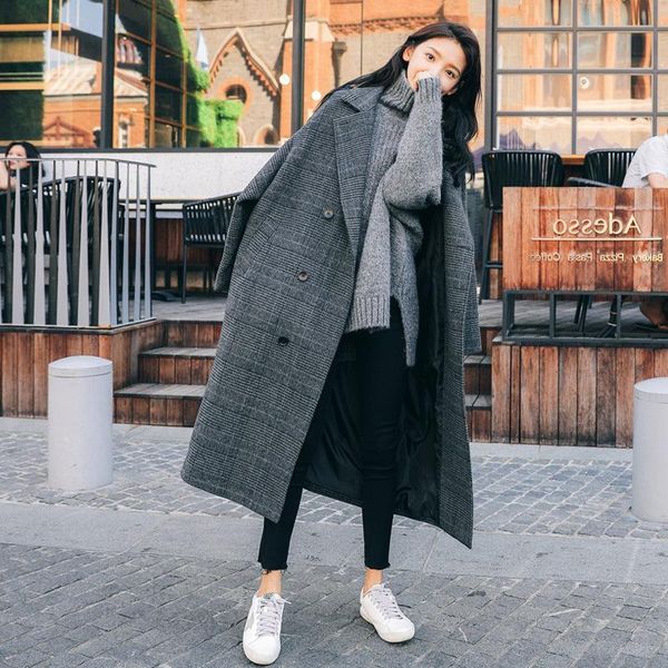 

women's wool & blends korean 2021 vintage autumn winter plaid coat fashion causal women long pockets thick coats female woman parkas fa, Black