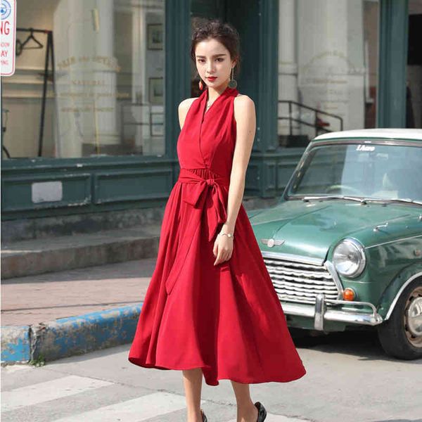

dresses retro halter sleeveless high waist red bandage vest es women plus size long sleeve female solid pleated vestidos, Black;gray