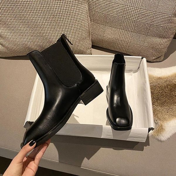 

boots 2021 korean square toe short botas mujer concise back zipper riding botines stretch stitching chunky med high heels women, Black
