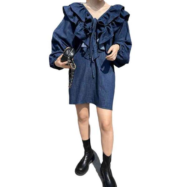 

denim dress puff sleeve mini short summer ruffled v-neck stitching loose lace girls doll d3025 210514, Black;gray