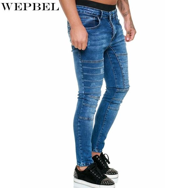 

motorcycle jeans men's casual stitching denim trousers spring autumn solid color mid waist button slim pencil pants, Black