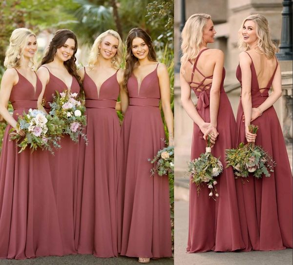 2021 Boho Garden Wedding Guest BrideMaid платья сексуальные ремешки спагетти плюс размер линии шифон длина чехол на полу вечеринка платье корсет задняя горничная честь платье AL9446