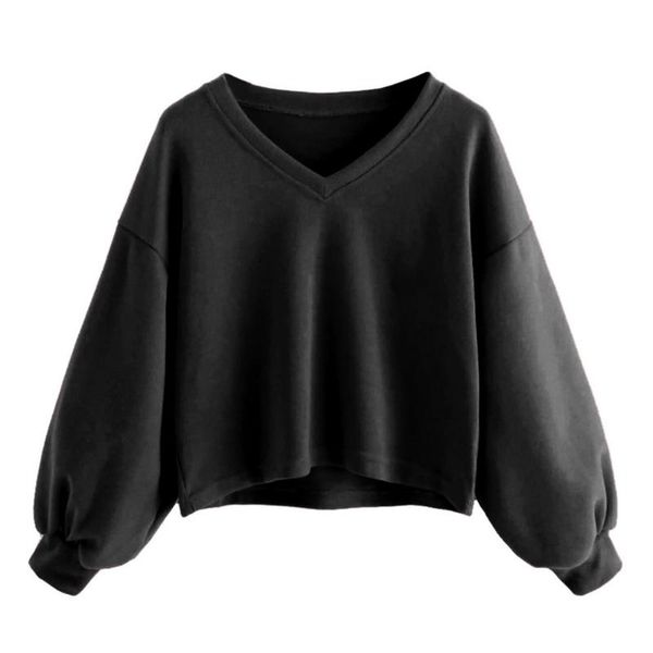

women's hoodies & sweatshirts sweatshirt hoodie korean for women v neck solid plus size short moletom feminino, Black
