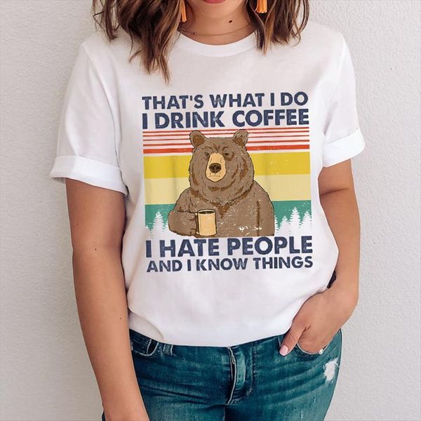 

graphic cute bear animal funny women printing short sleeve cartoon clothes clothing tees print female t shirt, White